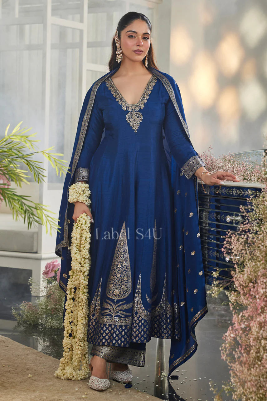 Royal blue elegant handwork silk anarkali kurta set