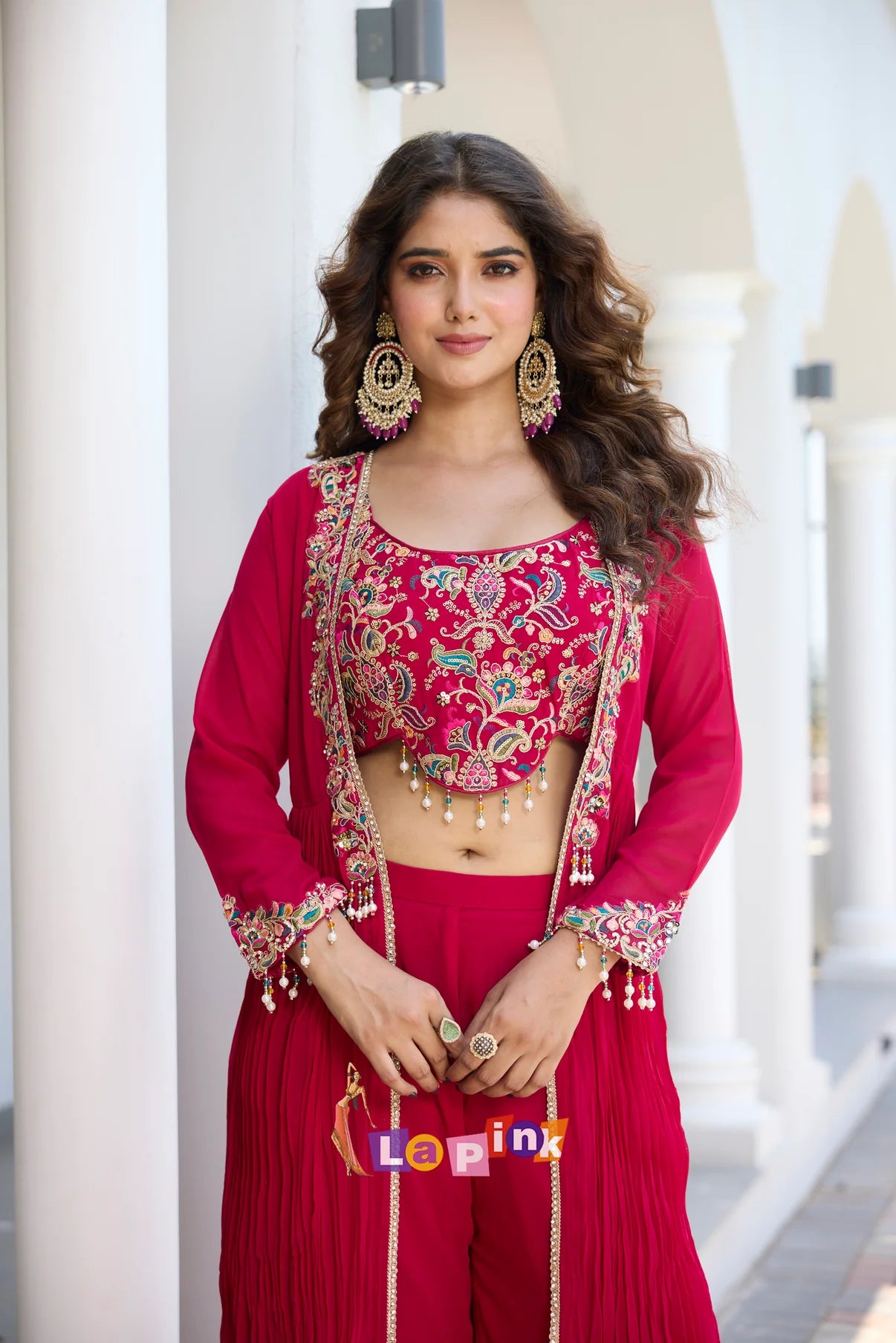Hot magenta pink crop top palazzo and shrug indonwestern