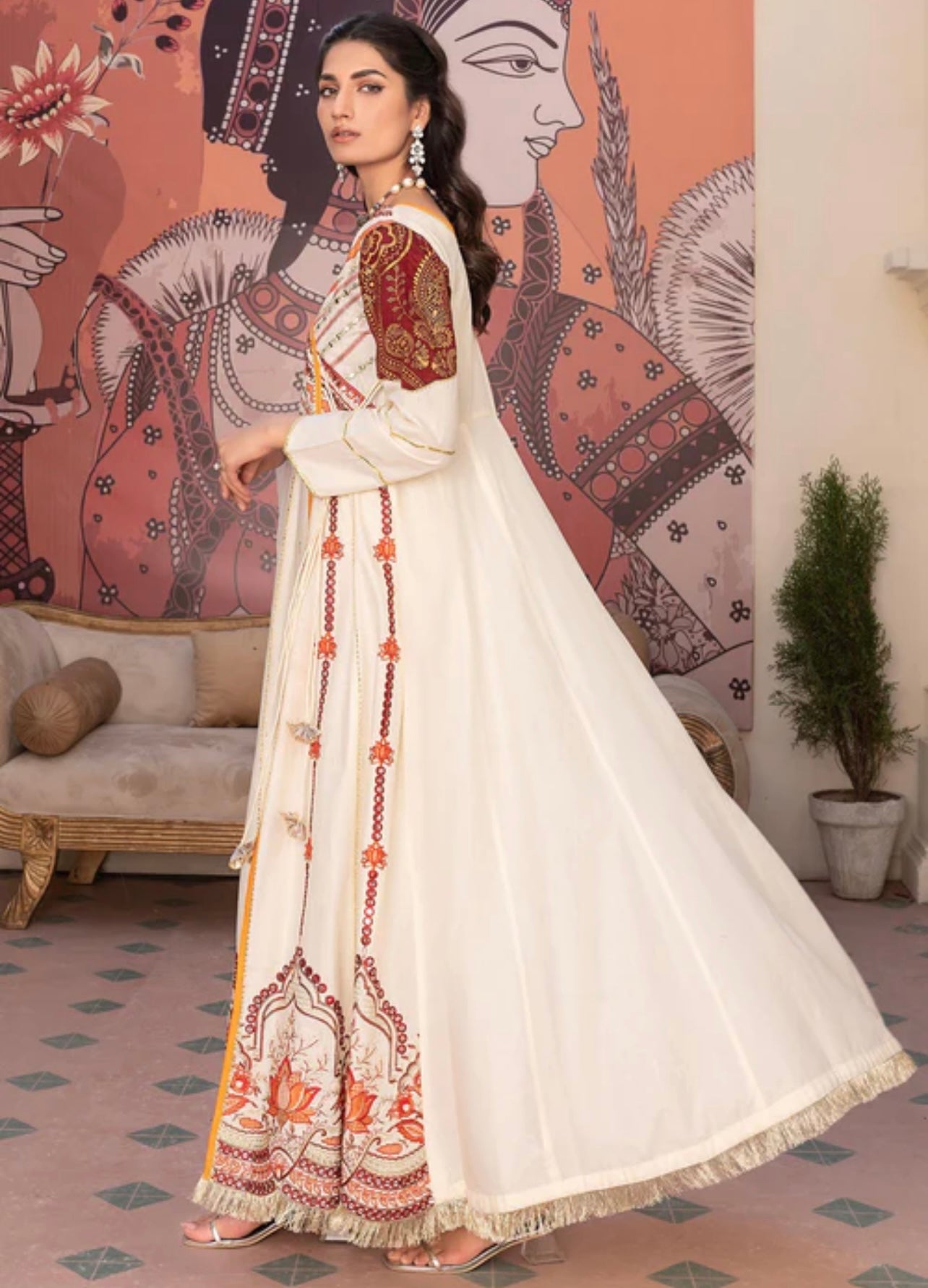 Cream heavy gota and mirror work anarkali kurta set