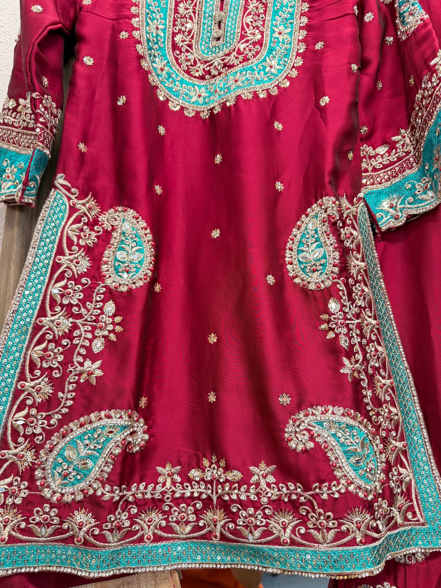 Red maroon heavy partywear sharara suit (fully lined)