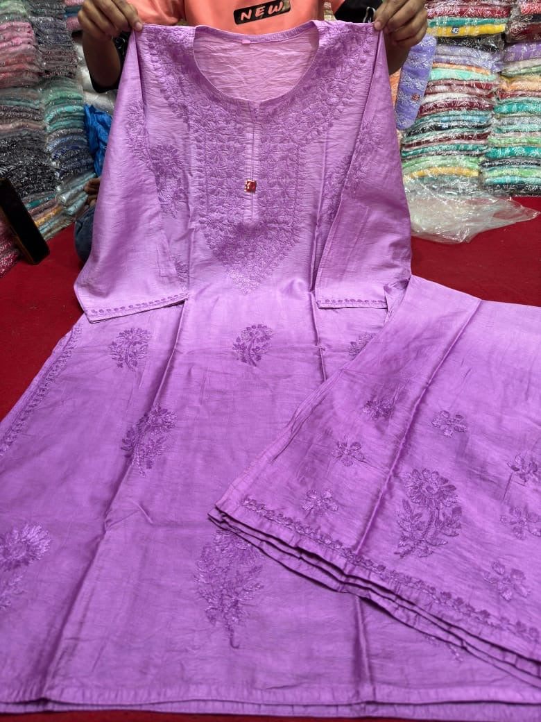Lavender pure chanderi chikankari kurta palazzo set