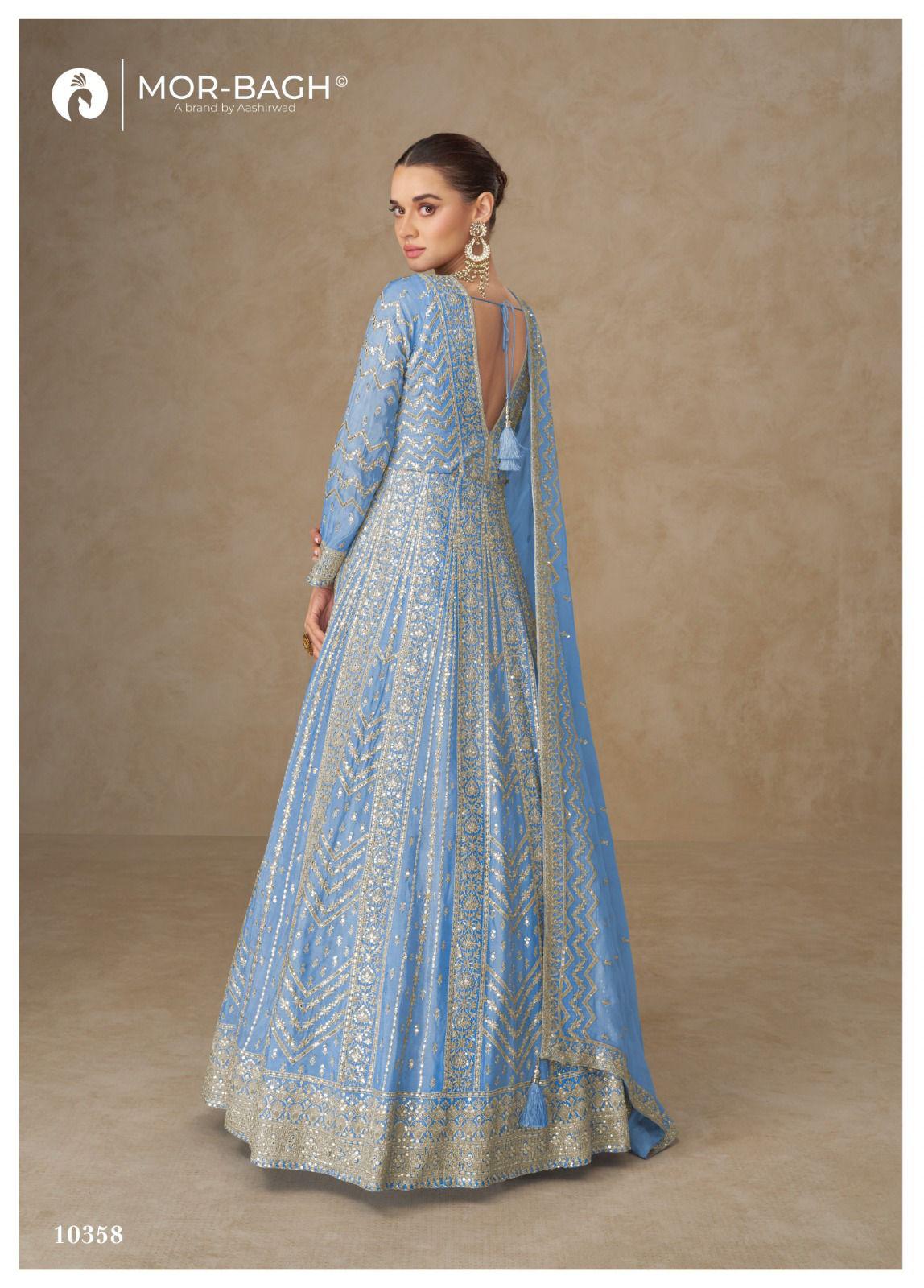Aqua blue heavy long v neck elegant anarkali gown