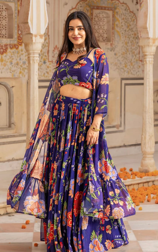 Purple floral crop top skirt and shrug co-ord set