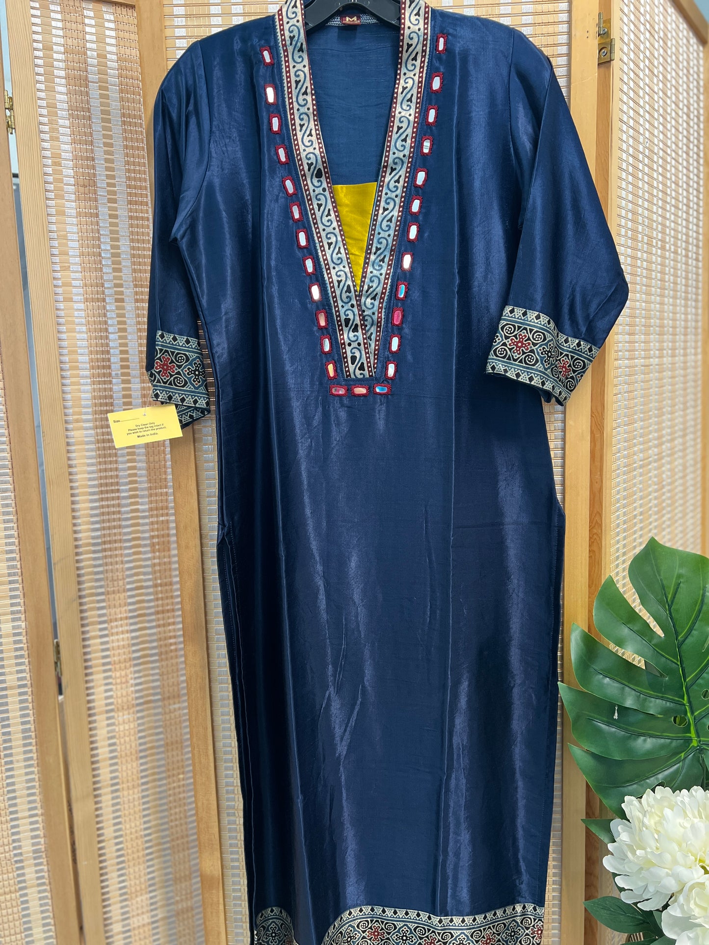 Navy Blue Pure gaji silk v neck kurti with real mirror work