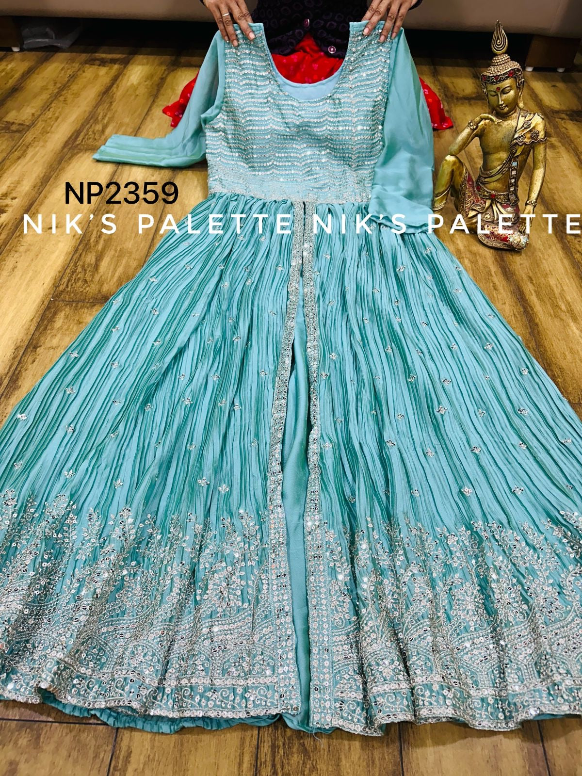 Plus size Aqua blue Anarkali front slit kurta set