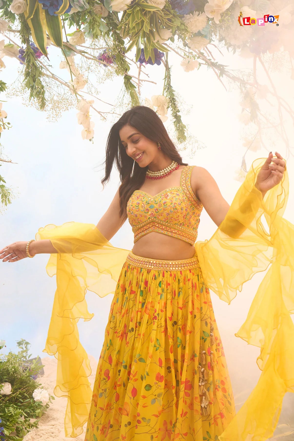 Yellow floral lehenga with ruffle dupatta