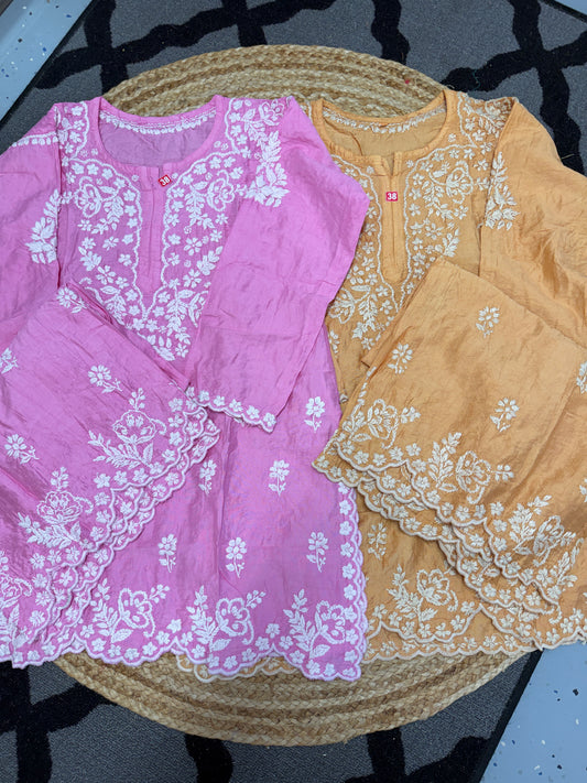 Light orange premium chikankari chanderi co-ord set