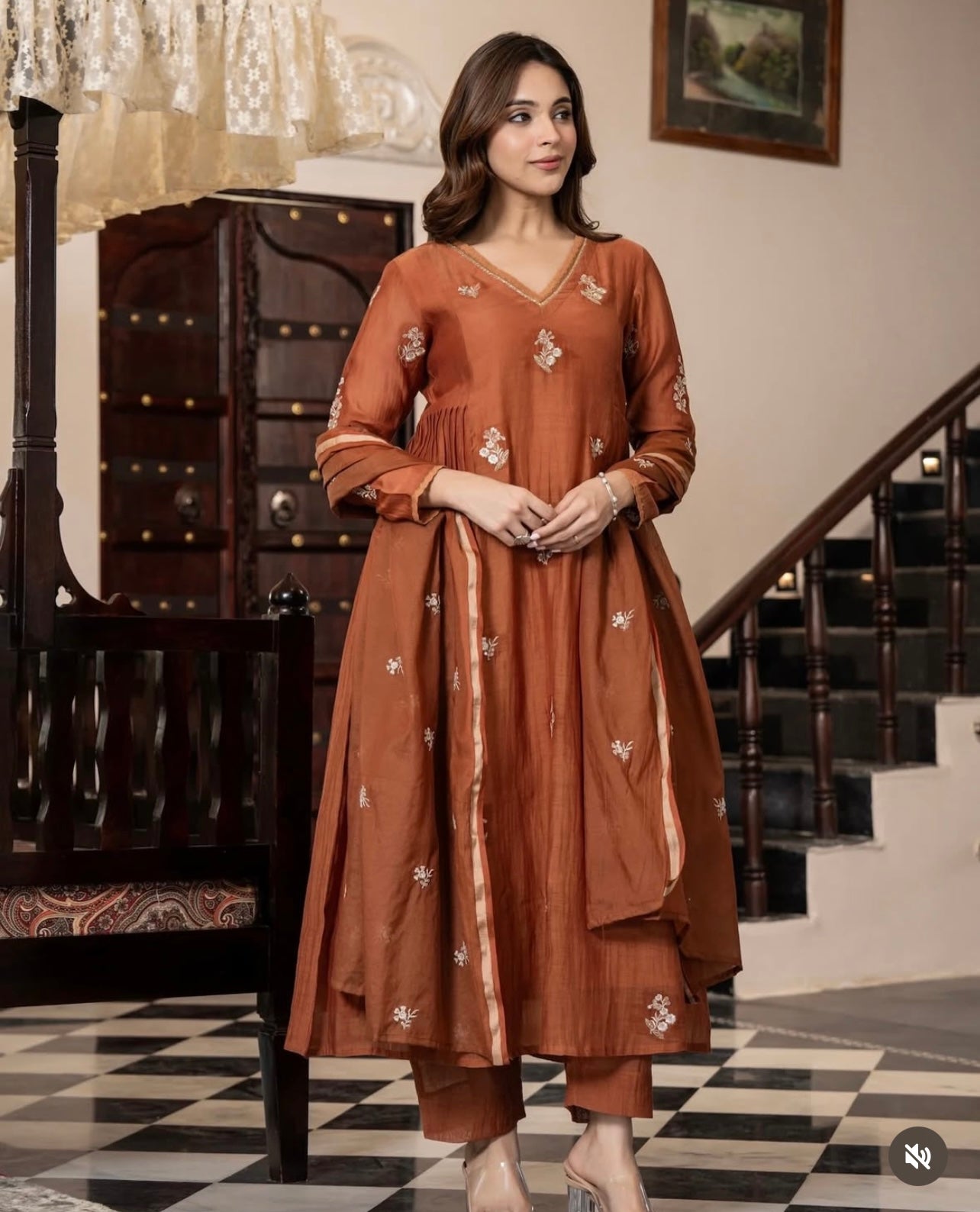 Rust pure mul chanderi embroidered suit
