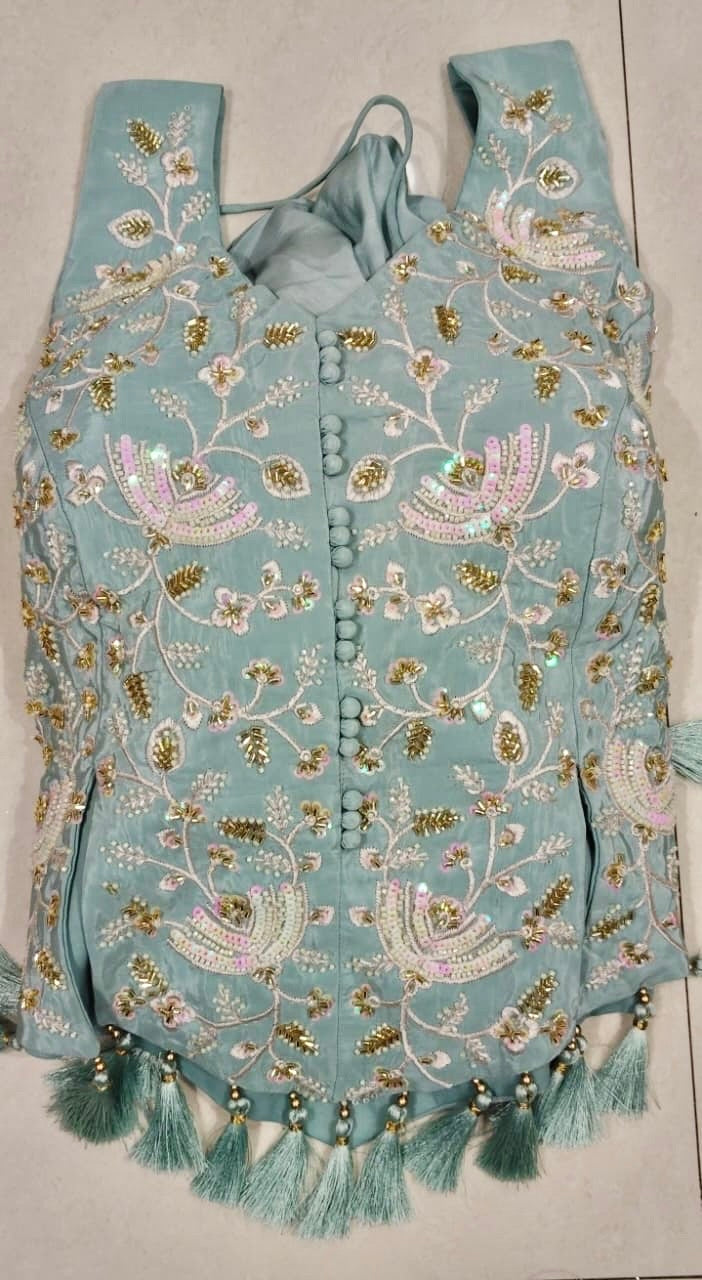 Sky blue corset style handwork indo western with chokar dupatta