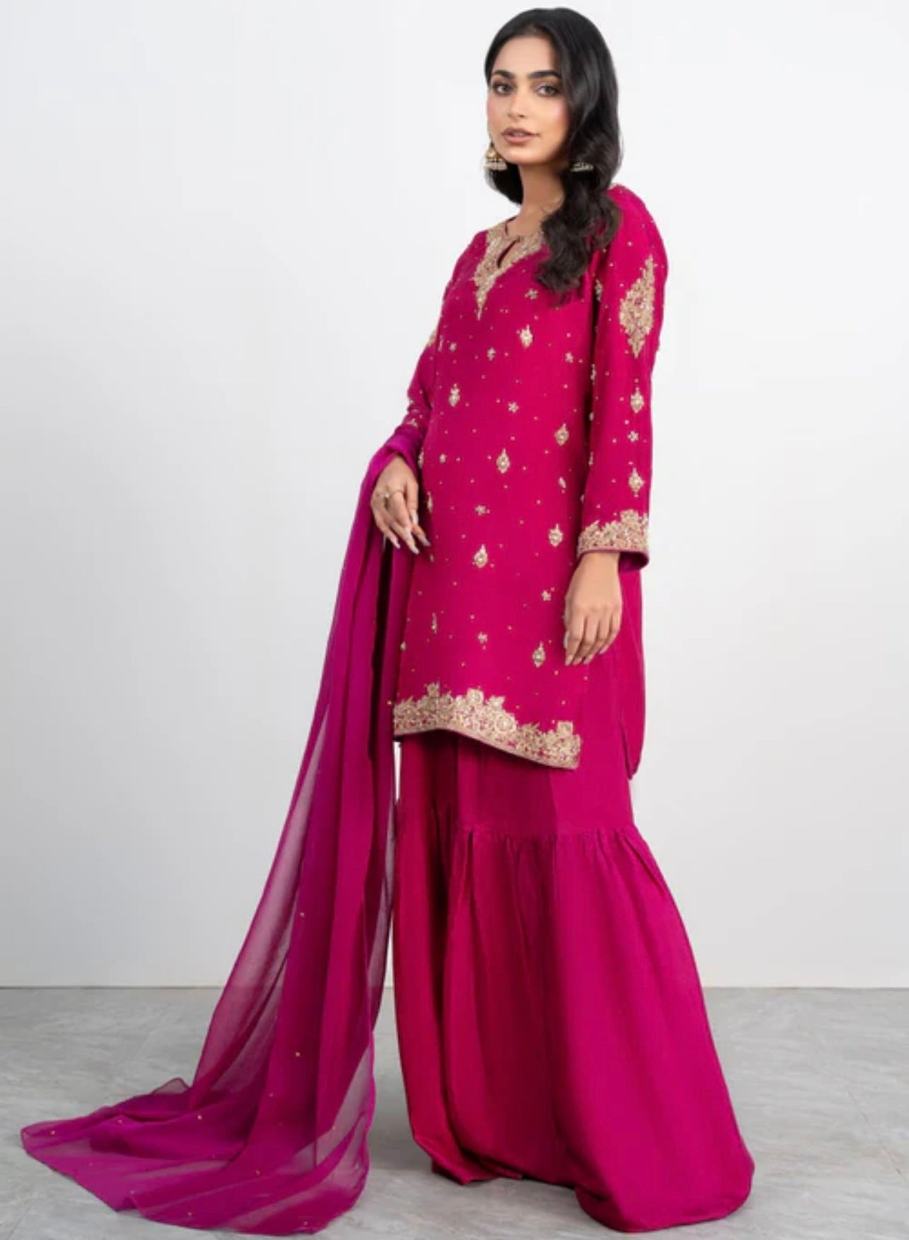 Wine heavy jardoshi work sharara suit