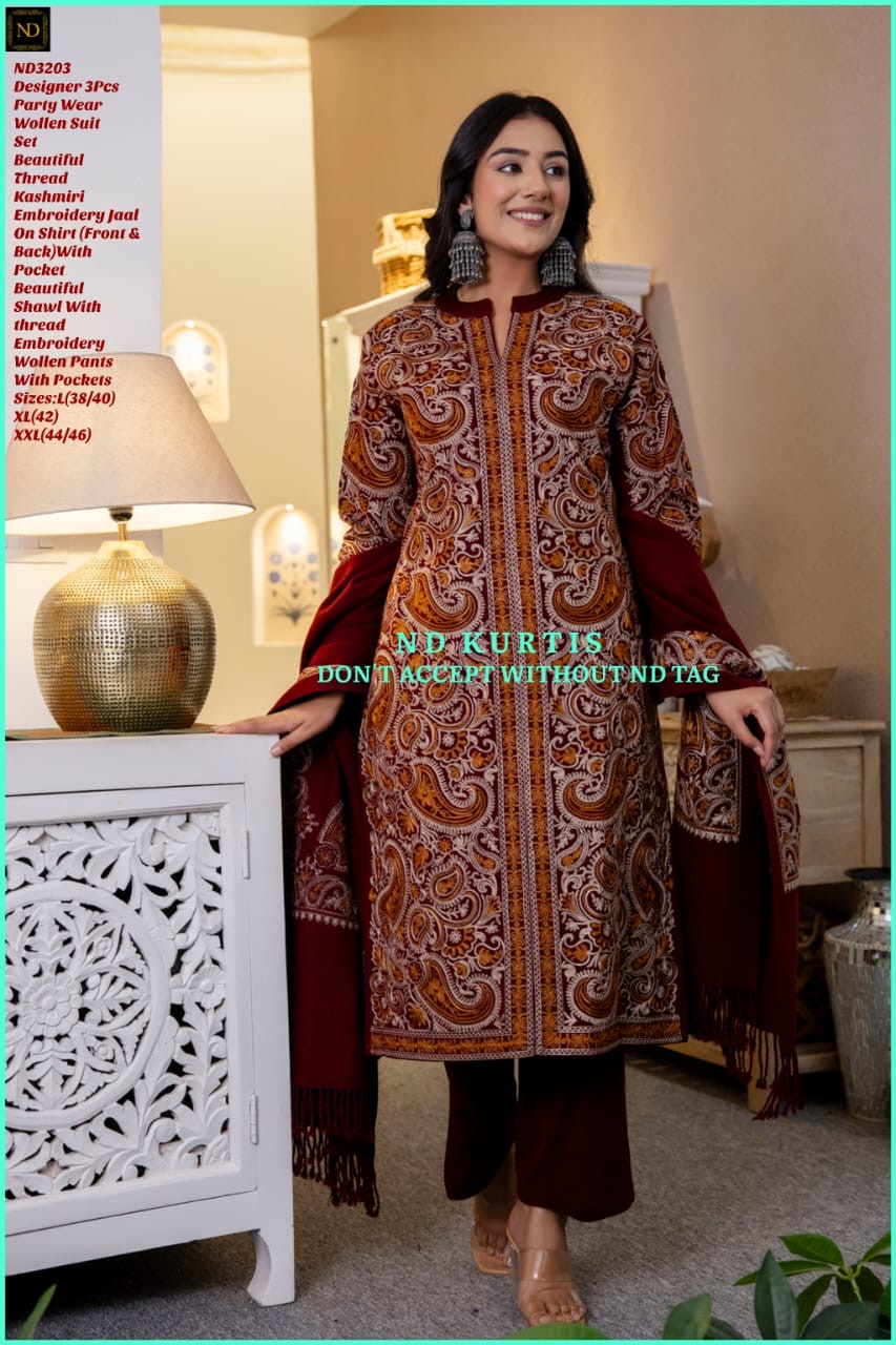 Winter woolen suit with heavy kashmiri work and shawl