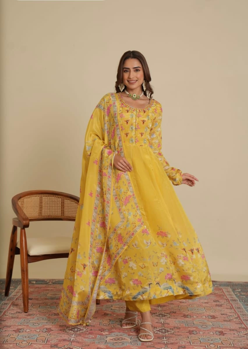 Lemon Yellow elegant floral anarkali kurta set