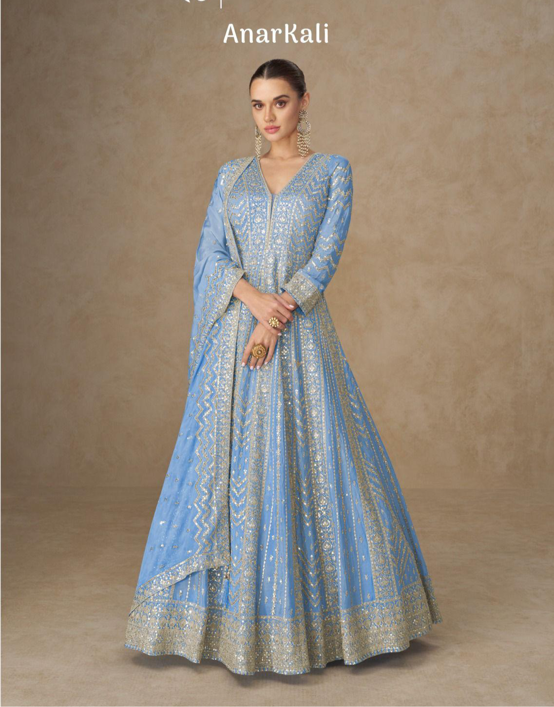 Aqua blue heavy long v neck elegant anarkali gown