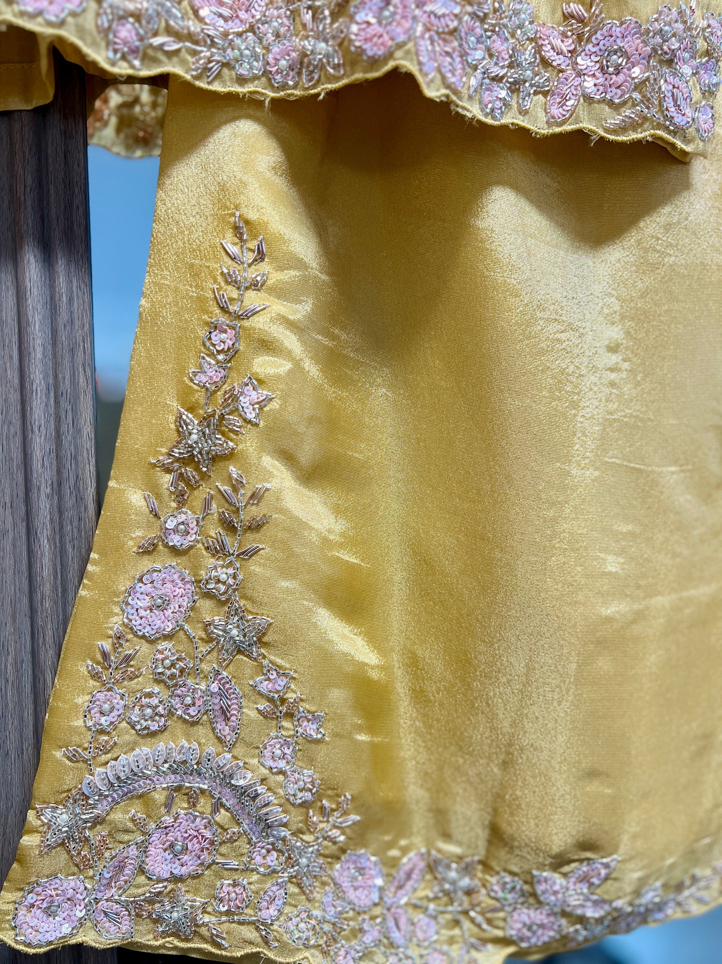 Lemon yellow pure shimmer tissue heavy handwork palazzo suit