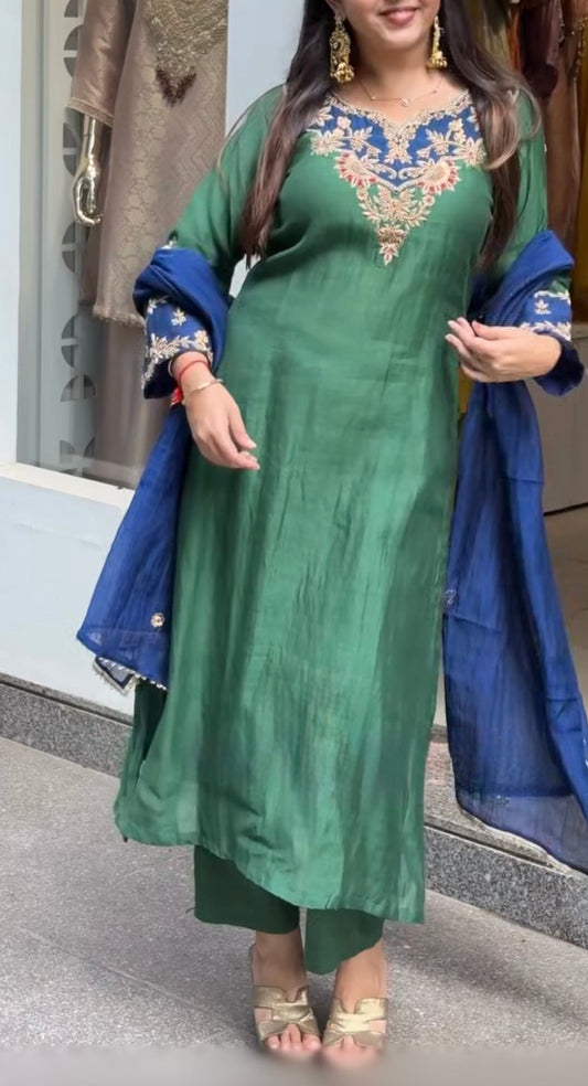 Green elegant pure mul chanderi heavy handwork kurta set