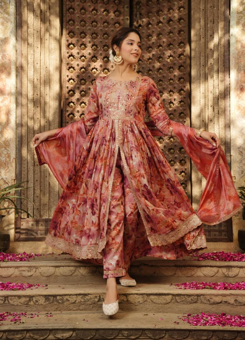 Mirror work Heavy rayon front slit kurta set