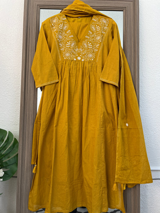 Mustard yellow pure mul cotton 3 pc suit