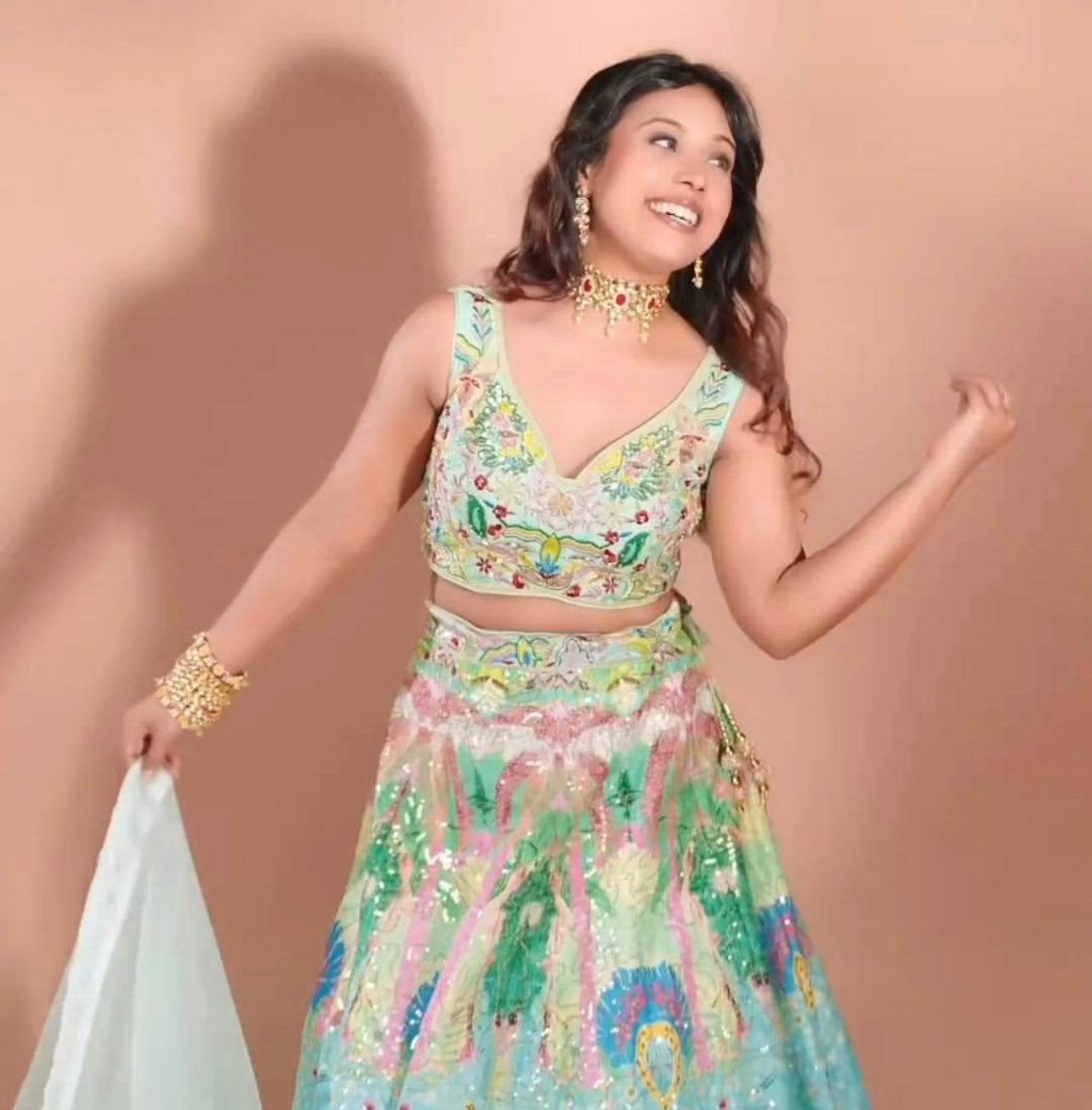 Green Multicolor partywear handwork lehenga