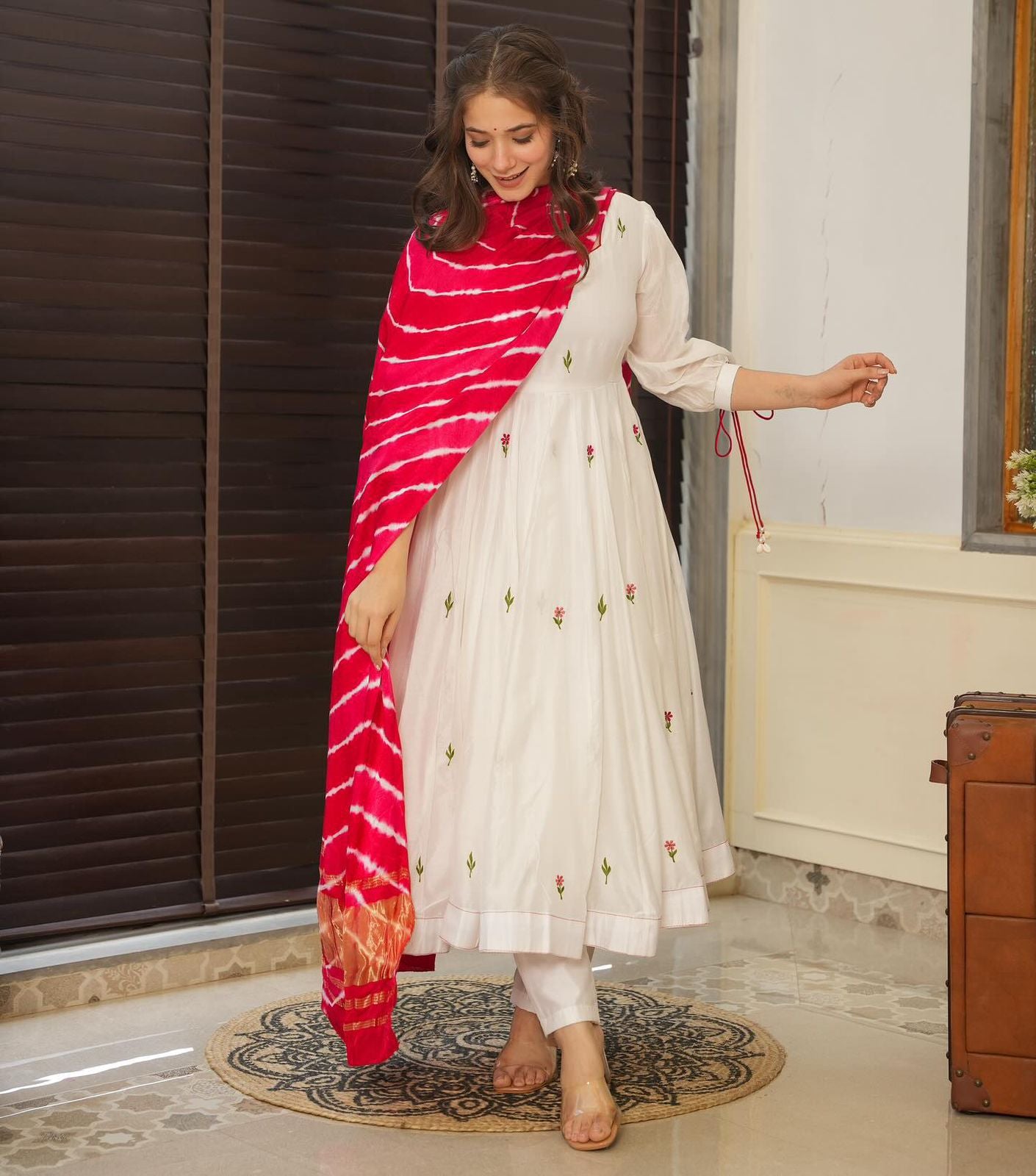 White anarkali kurta set with leheriya dupatta