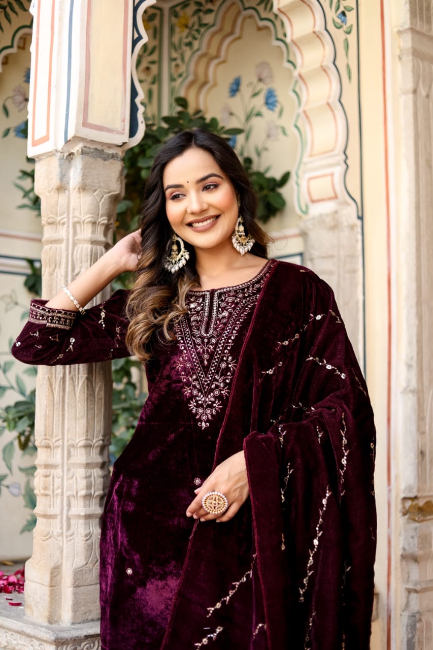 Wine heavy embroidered velvet suit