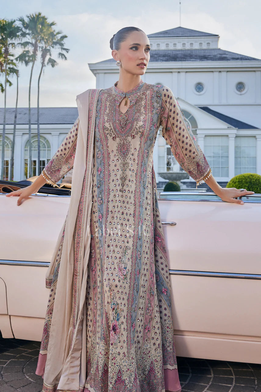 Beige and pink high neck crepe long suit