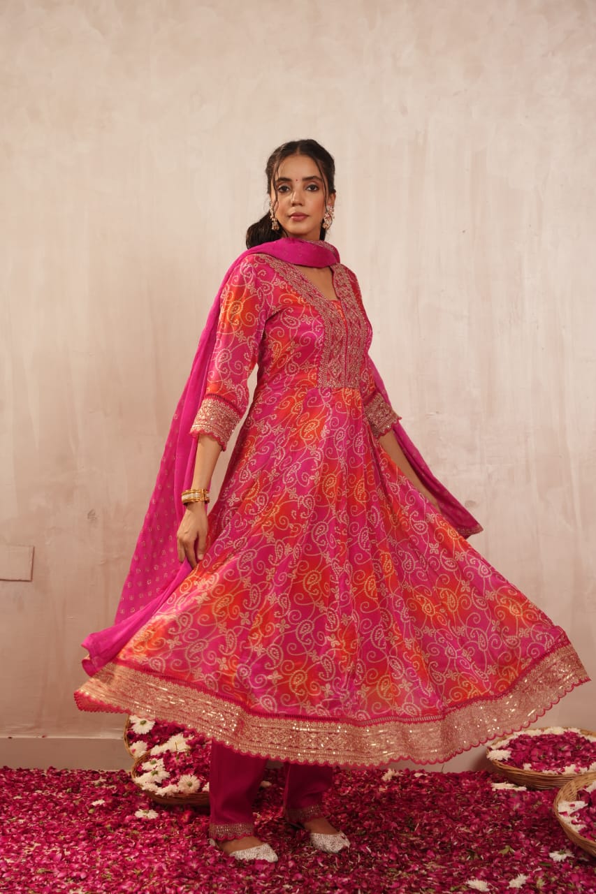 Pink and orange bandhni print stunning mirror work anarkali kurta set