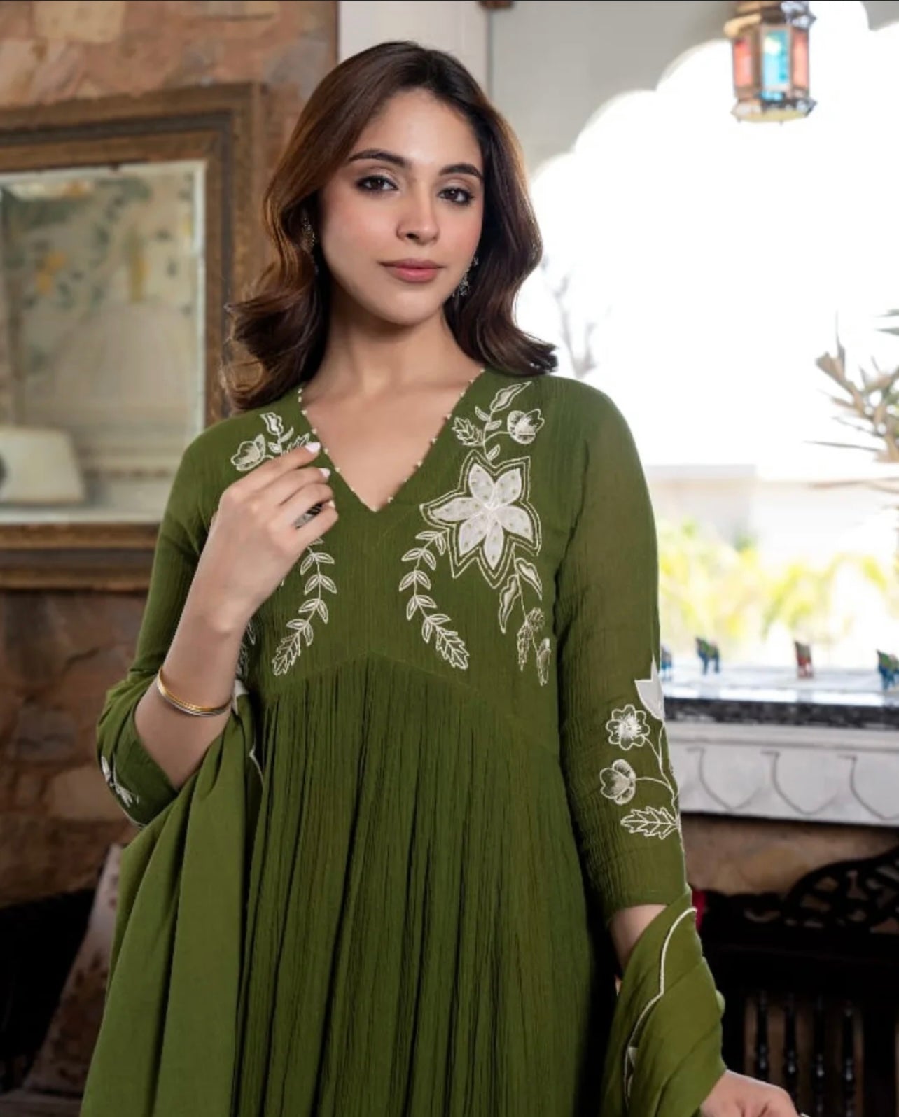 Olive green beautiful appique work suit