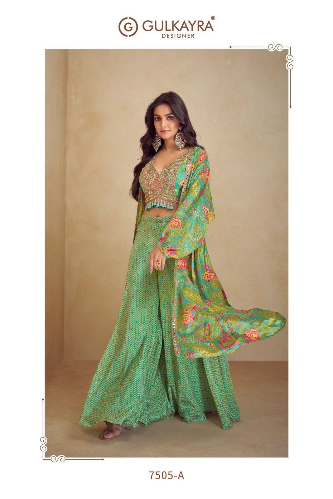Green crop top divider pants shrug set