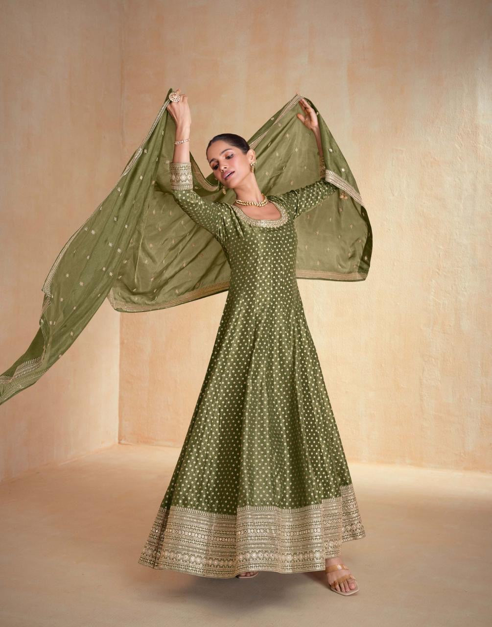 Green banarasi jacquard long anakali gown set