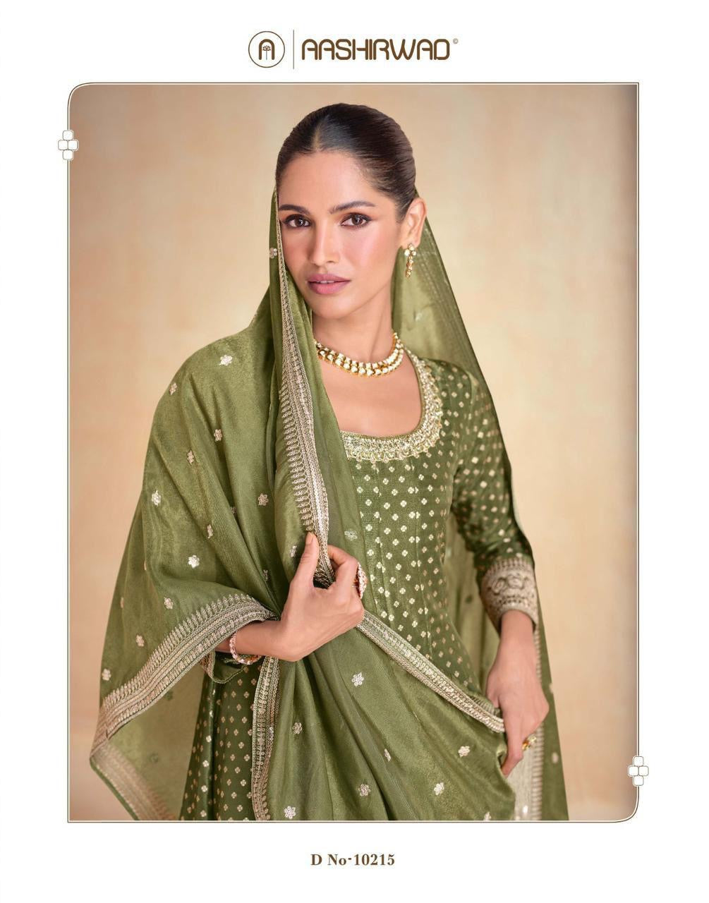 Green banarasi jacquard long anakali gown set