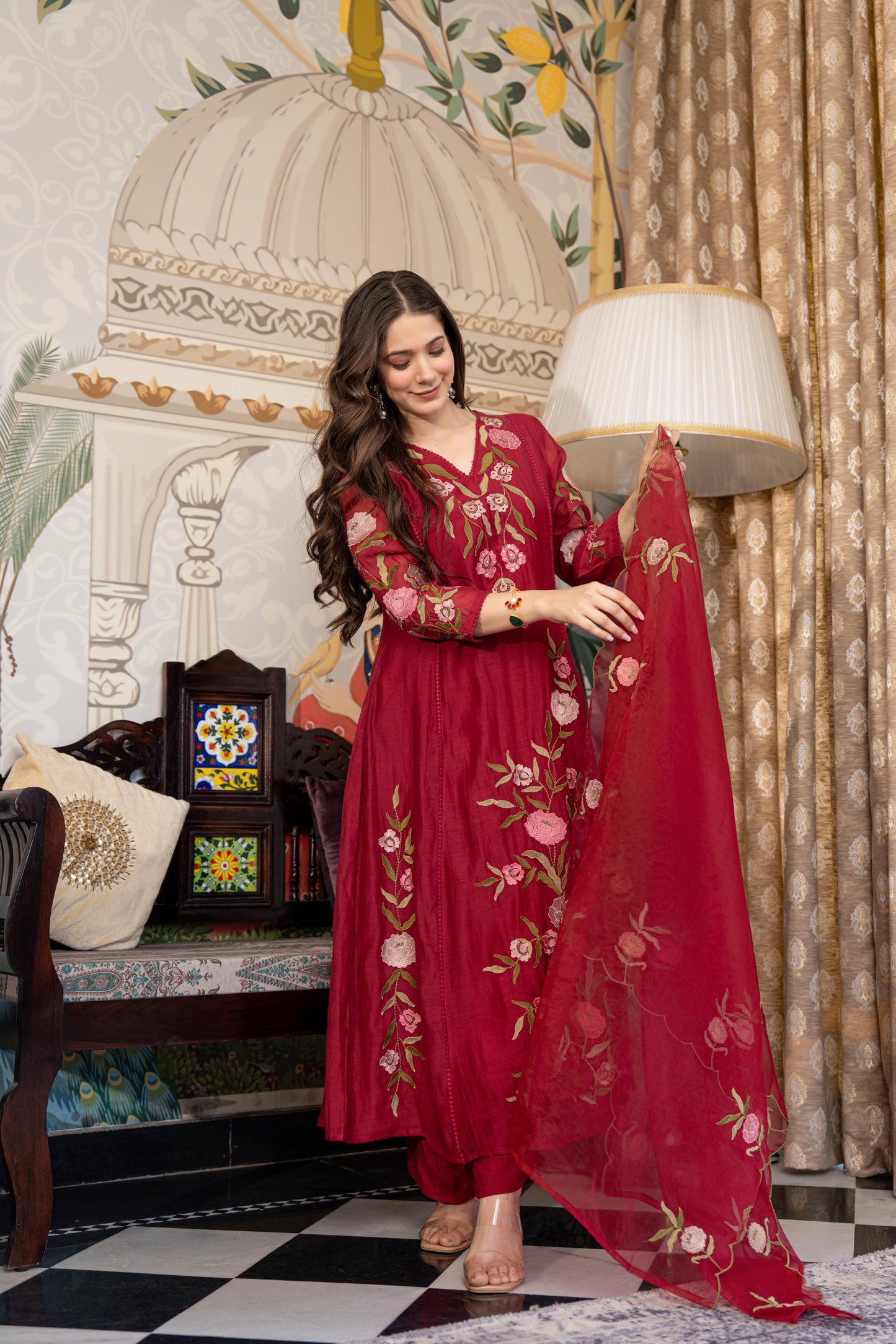 Wine pure mul chanderi stylish A line suit