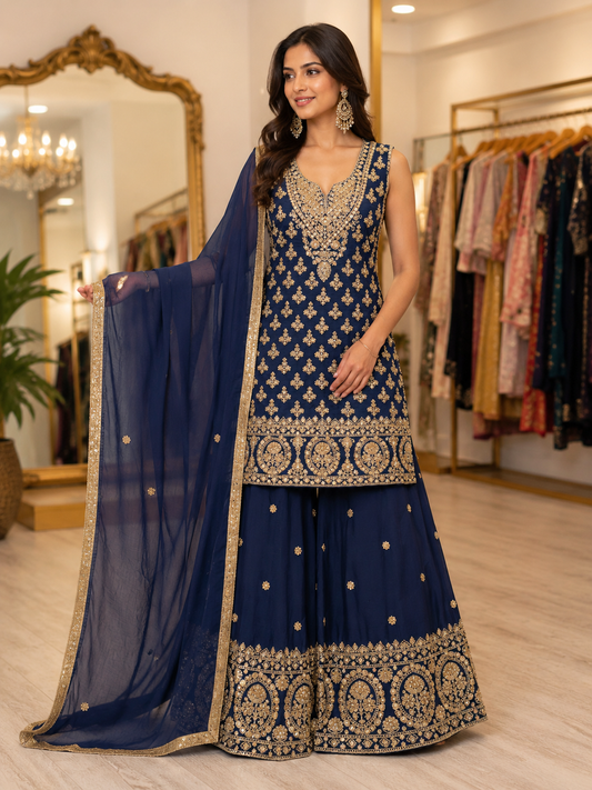 Navy blue heavy handwork sharara suit