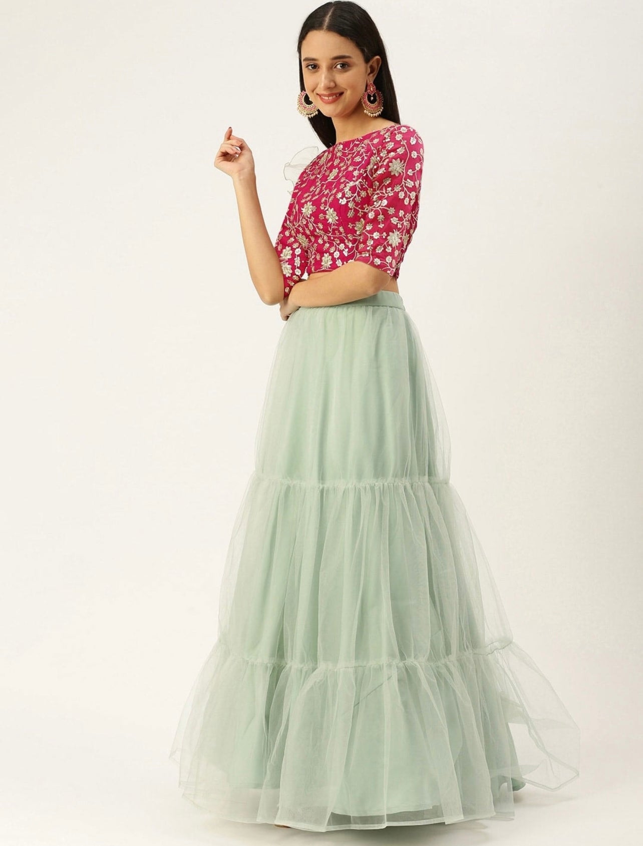 Dark pink and green ruffled lehenga choli and dupatta