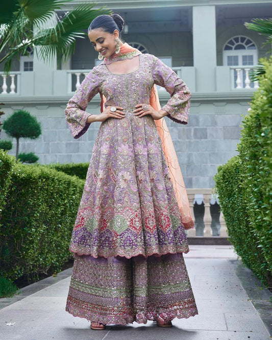 Lavender heavy handwork sharara suit