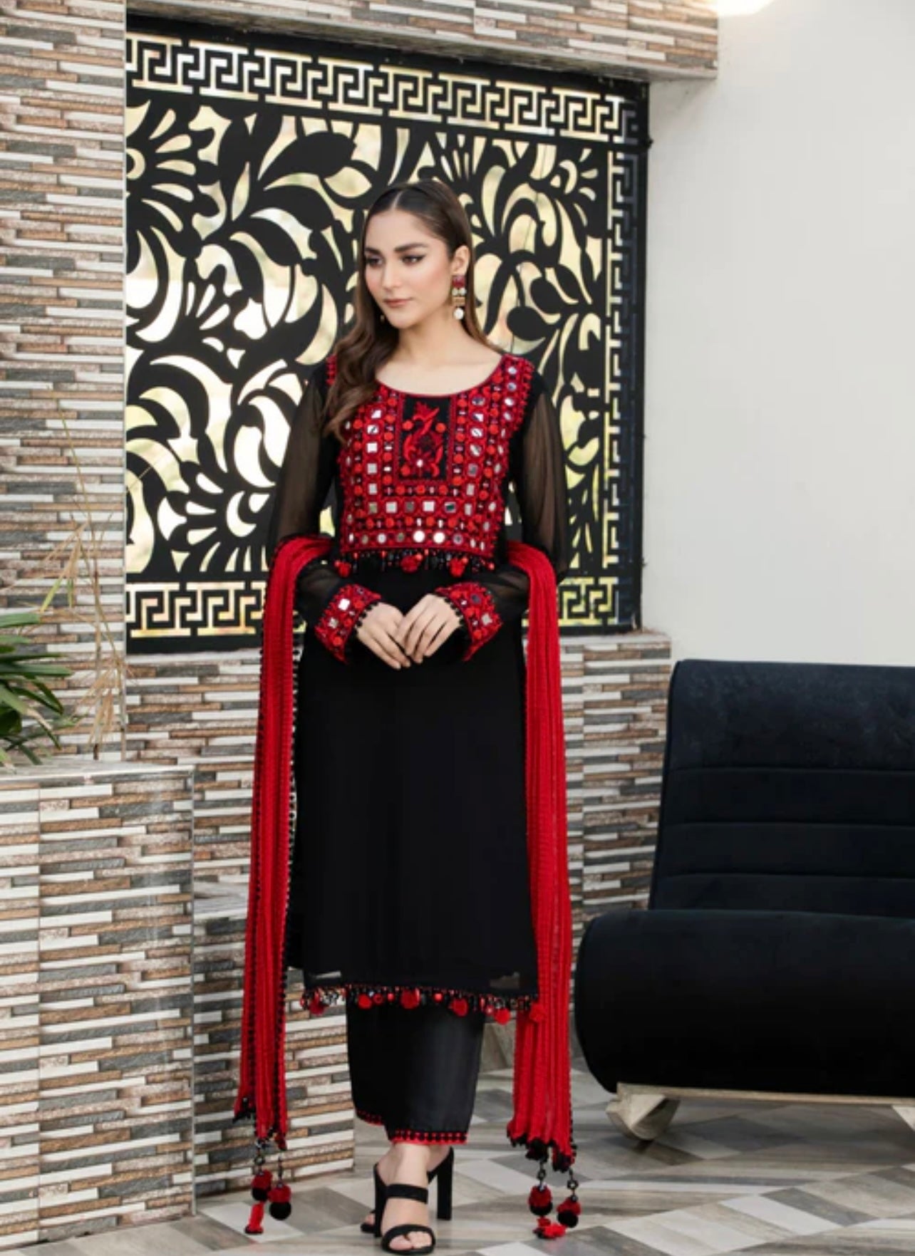 Black heavy mirror work kurta set