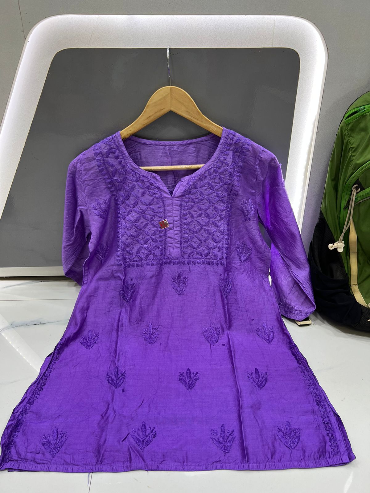 Purple Chanderi Chikankari Short Kurti