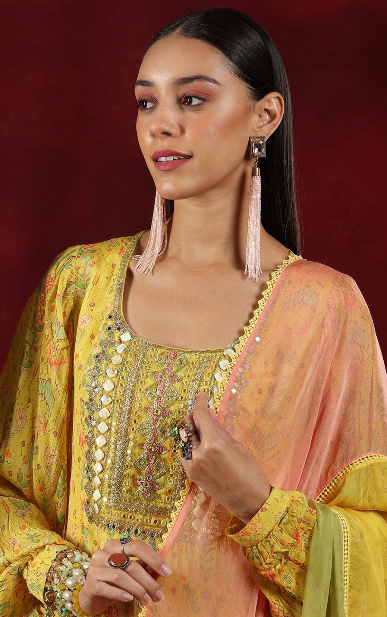 Yellow designer georgette flowy sharara suit