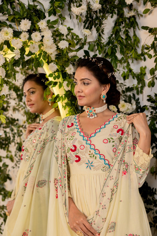 Off white premium heavy embroidered and handwork angrakha kurta set