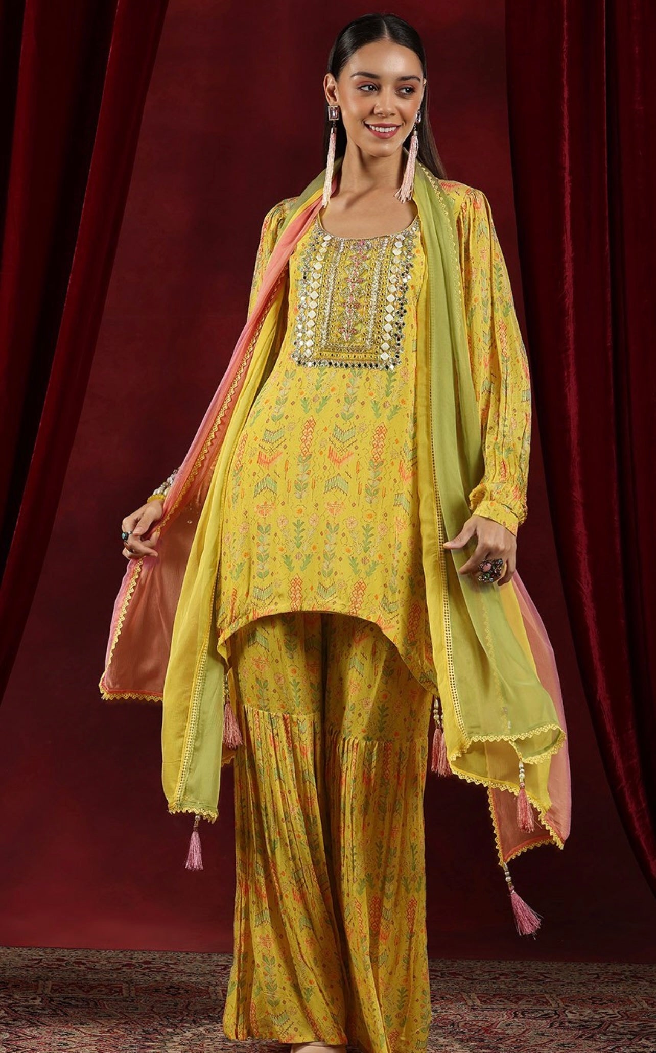 Yellow designer georgette flowy sharara suit