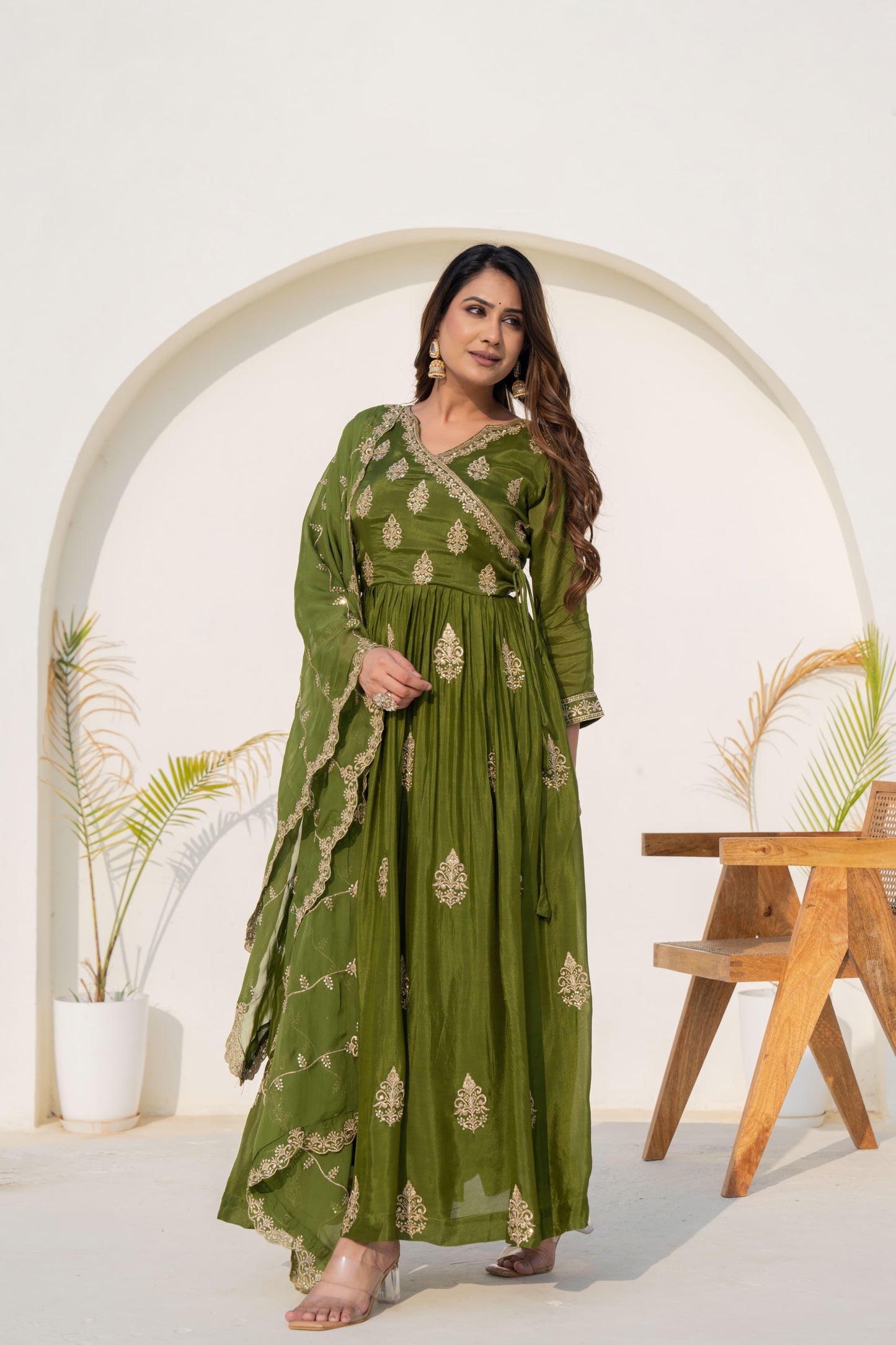 Green pure chanderi heavy work angrakha festive kurta set