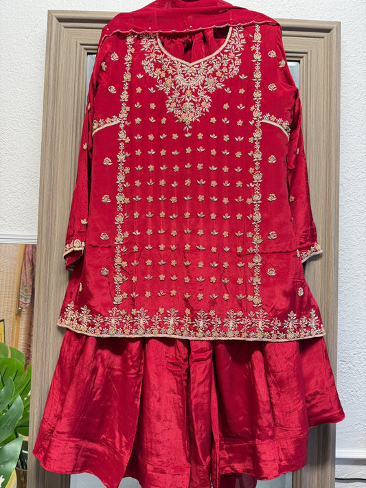Red heavy handwork pure crepe silk sharara suit