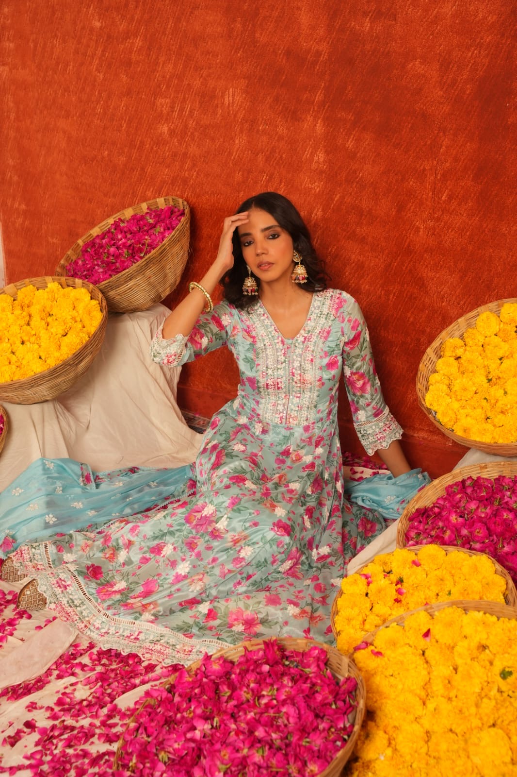 Sky blue elegant floral anarkali suit