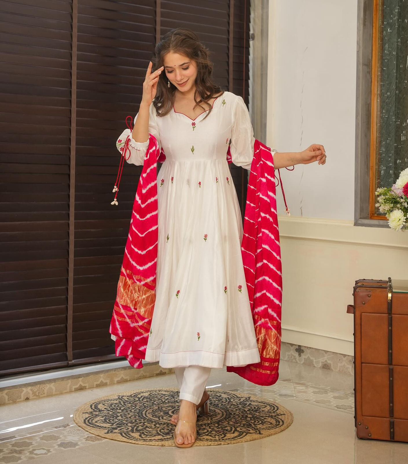 White anarkali kurta set with leheriya dupatta