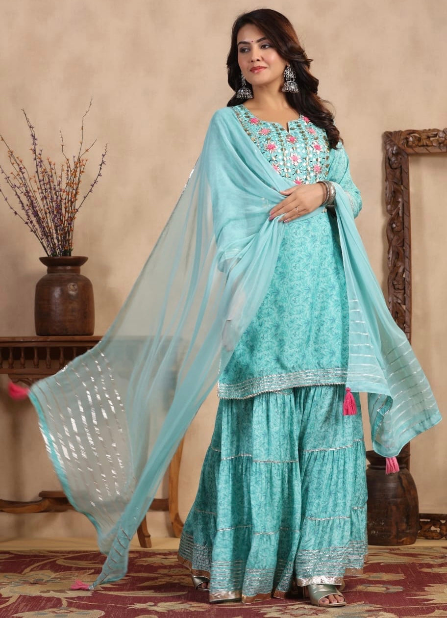 Aqua blue heavy gota work premium fabric sharara suit