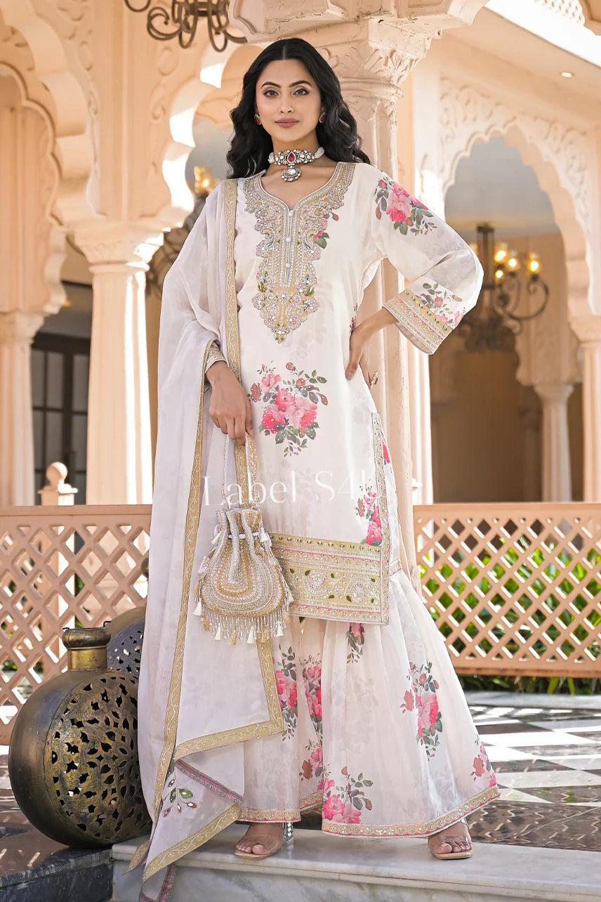 White floral partywear sharara set