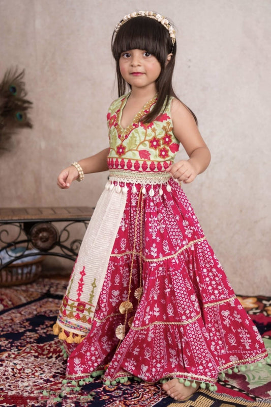 Pink green white navratri lehenga