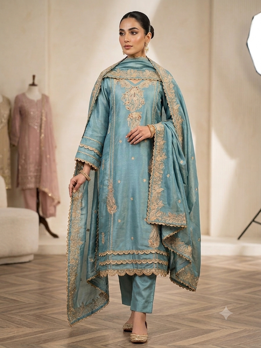 Aqua blue royal zari embroidered suit with heavy dupatta