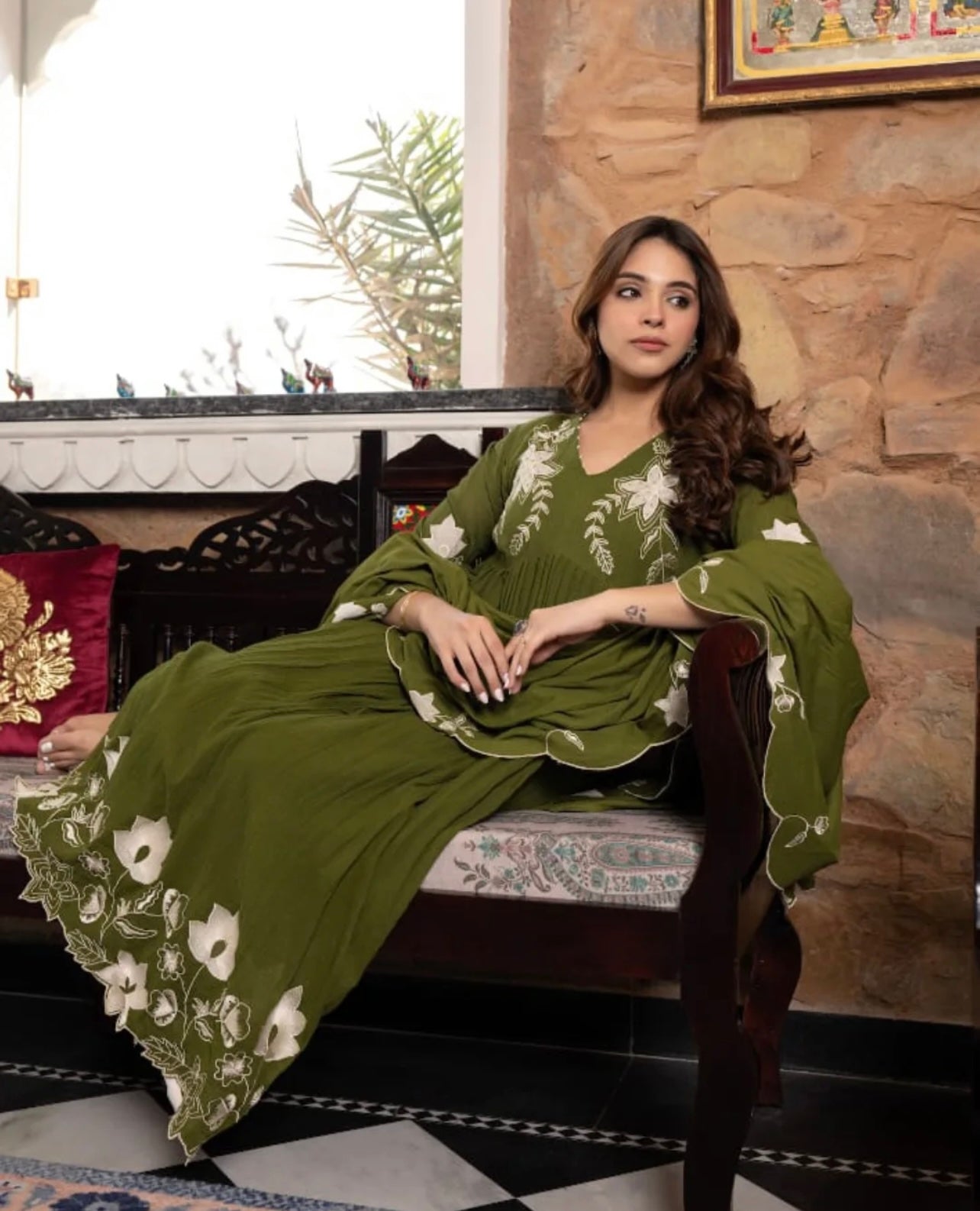Olive green beautiful appique work suit
