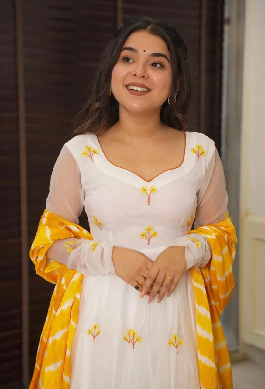 White georgette anarkali kurta set with leheriya dupatta