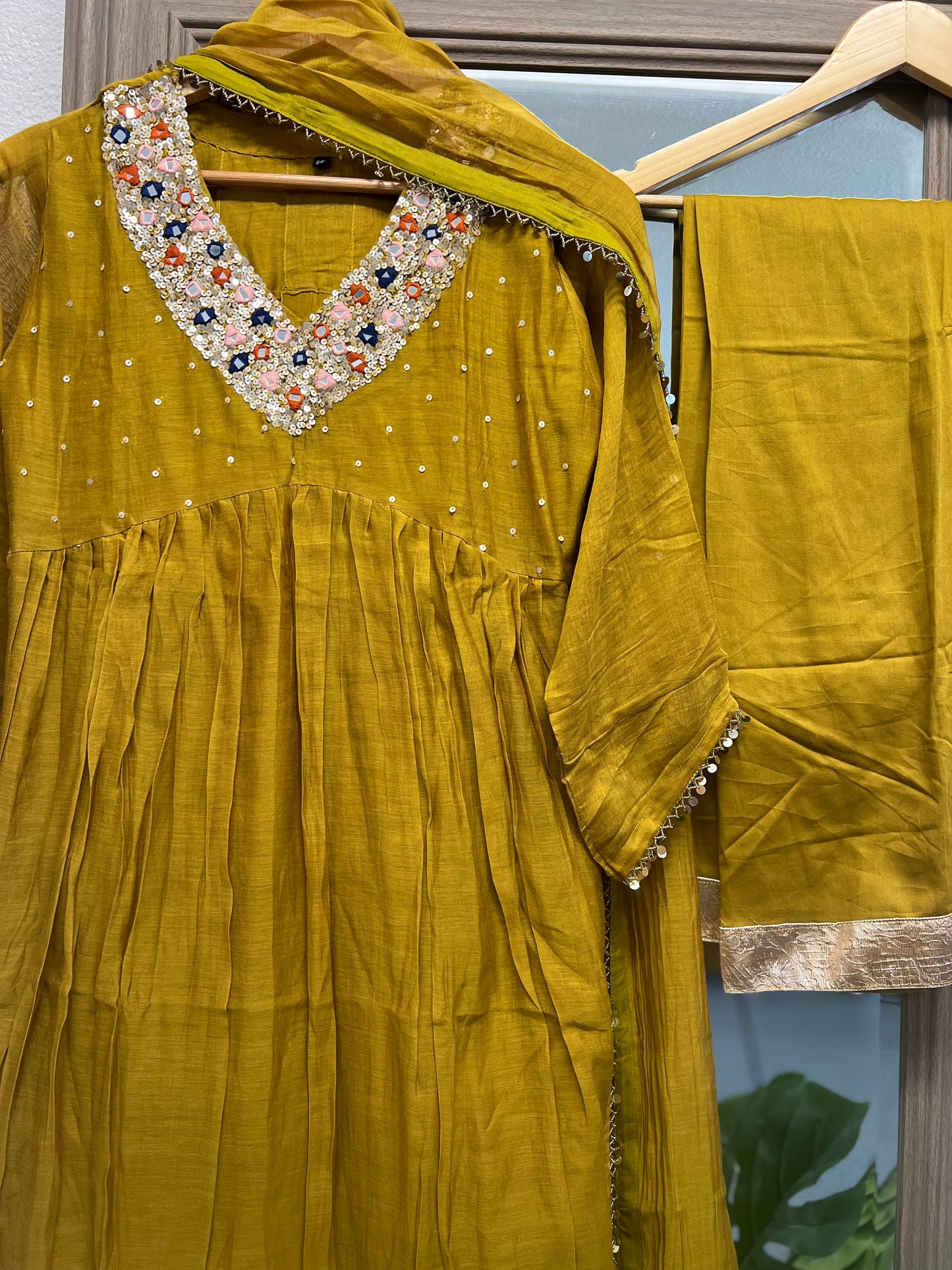 Mustard pure mul chanderi v neck suit